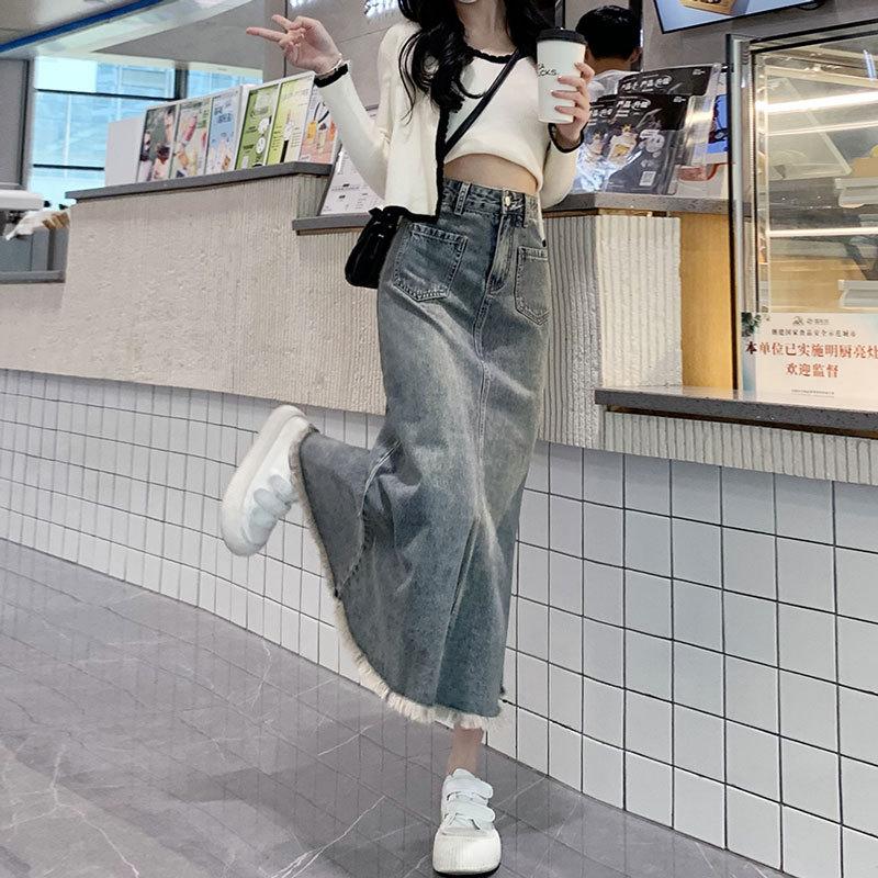 Elegant Vintage Women Raw Edge Mid-Length Skirt High Waist Slim A-line Fishtail Package Hip Summer Versatile Comfortable Fashion Denim Bustier Skirt