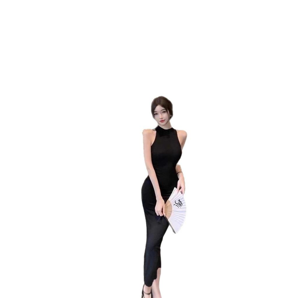 French Retro Temperament Socialite Dress Female Sexy Black Waist Slim and Thin Neck Split Hip Skirt