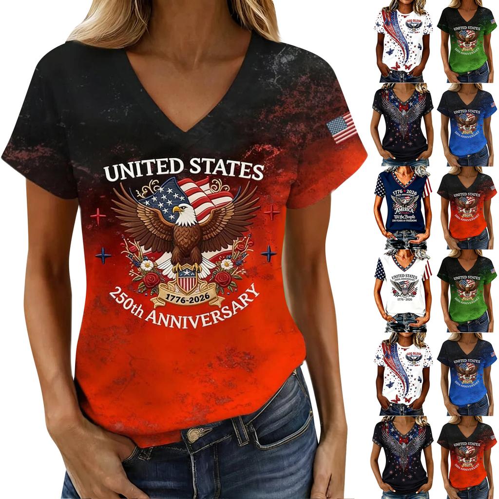 Women Casual V Neck Short Sleeve Pullover T Shirt Independence Day Graphic Top Lightweight Comfortable Fit