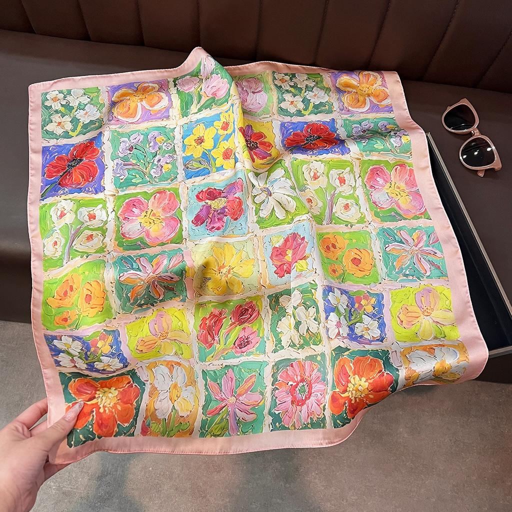 Vintage French Style Oil Painting Flower Silk Scarf Elegant Women Neck Scarf
