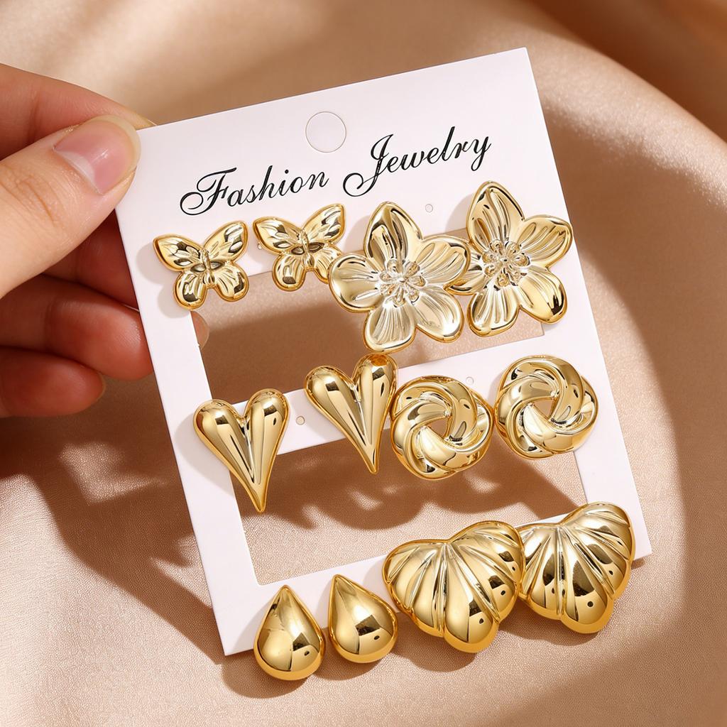 New gold stud earrings set female butterfly flower love water drop shape versatile earrings female