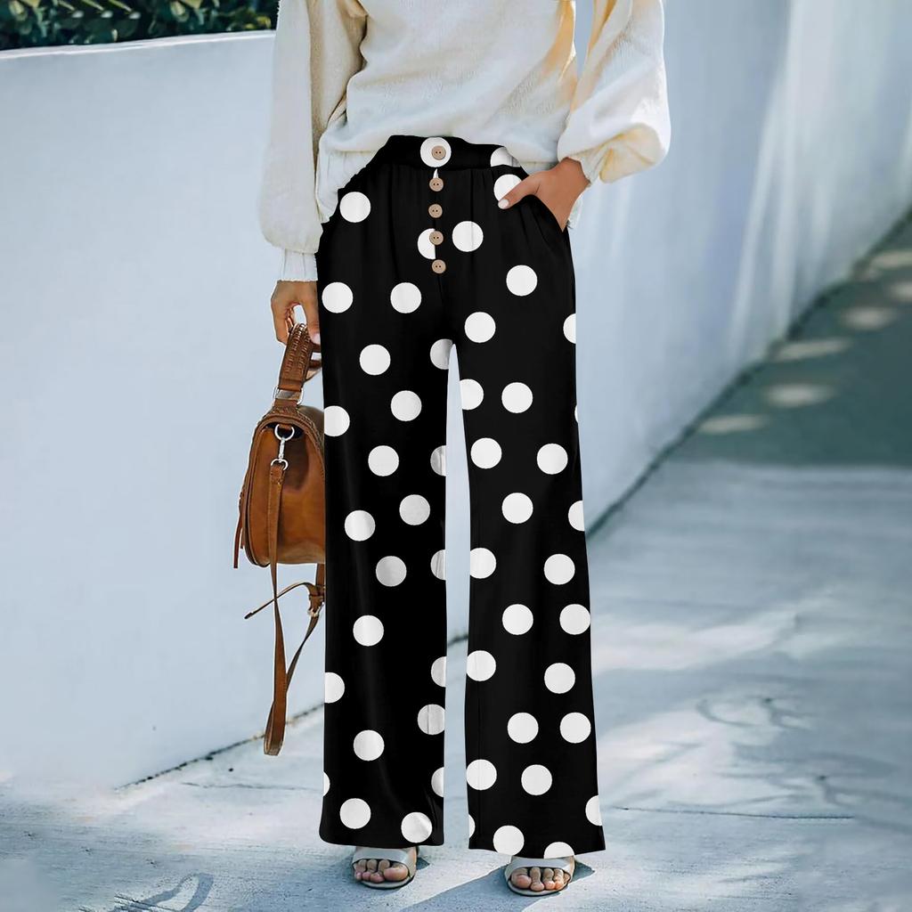 Calças Largas Femininas com Estampa de Bolinhas e Cintura Elástica com Botão e Bolsos para Uso Casual de Verão