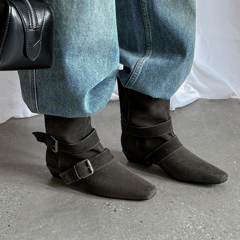 Fashion 2025 New Retro Women Cow Suede Calf Boots Western Boots Autumn Winter Square Toe Buckle Decoration Thick Heels Boots Women