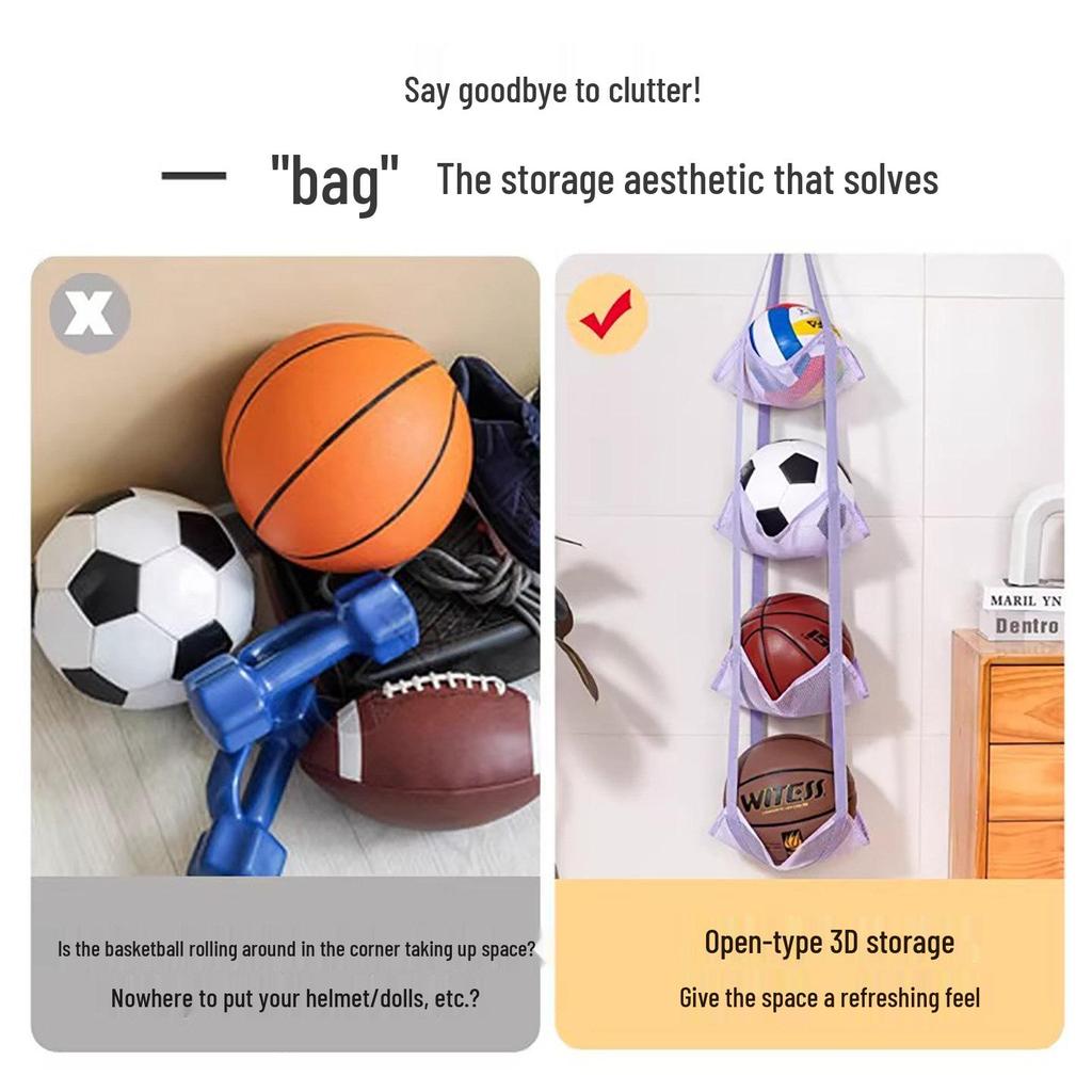 Multi-Layer Sports Equipment Rack: Children's Basketball & Football Hanging Storage Bag