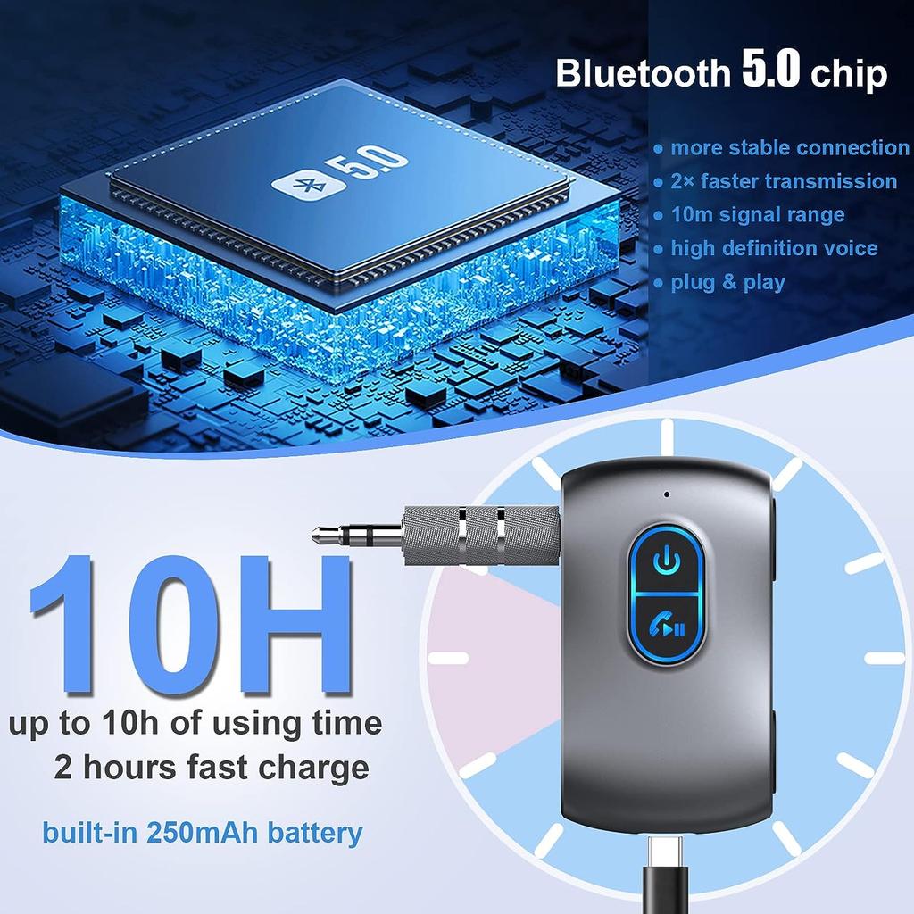 Wireless 5.0 Aux Bluetooth Adapter Car with Hands-Free Calls,Supports TF Card,Dual Connection,Receiver for Car,Headphones and Home Stereo Systems