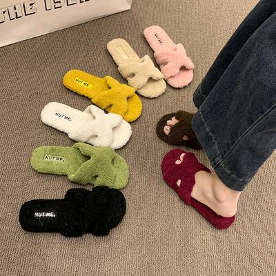 Internet Celebrity Fluffy Slippers Women Wear 2025 Spring and Autumn New Fluffy Cotton Drag Flat Bottom Warm Slippers
