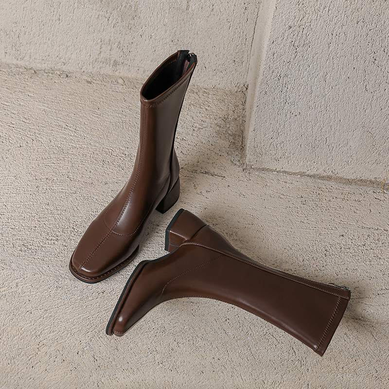 Krazing Pot Microfiber Autumn Winter Shoes Thick Med Heels Size 43 Chelsea Boots Apricot Zipper Mid-calf Boots