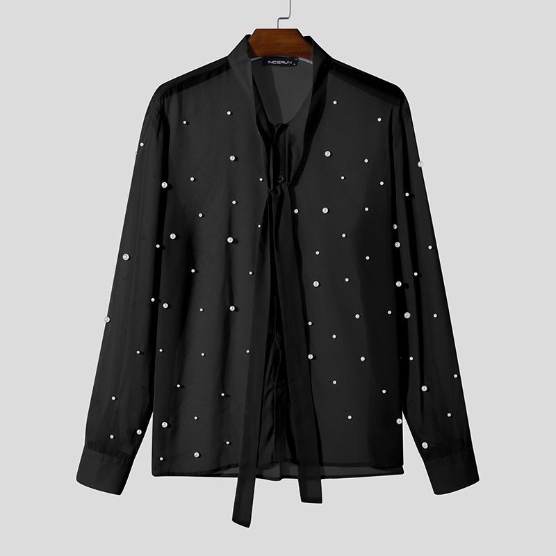 INCERUN Men Lace Up Neck Pearl Decoration Mesh Long Sleeve T-shirts Tops