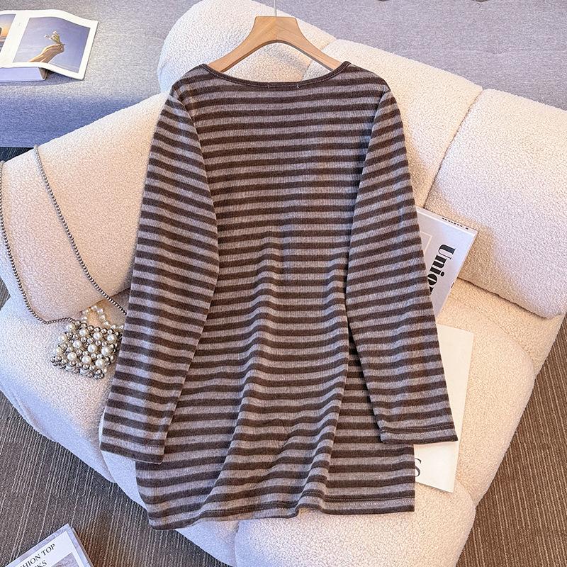 Plaid Women's Spring and Autumn Striped Long-sleeved Round-neck Hoodie, Sweater, Knitted Sweater Base Layer