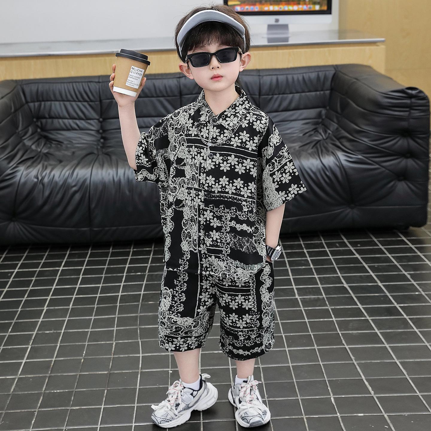 Boys 2026 Summer Set: Vintage Paisley Shirt & Breathable Casual Shorts 130 cm