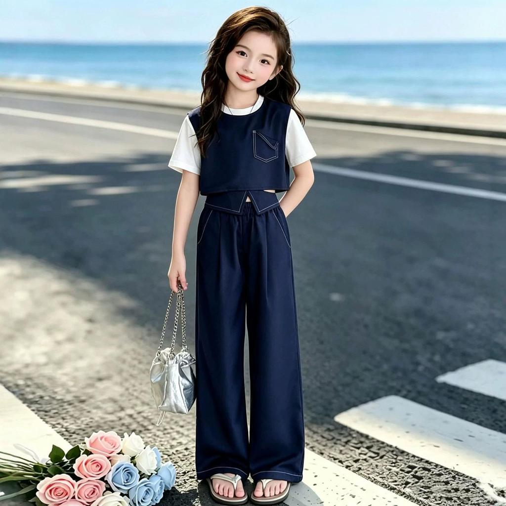 Kids' Korean Style Summer Sportswear Set: Patchwork Two-Piece with Loose Short Sleeve Top & Long Pants