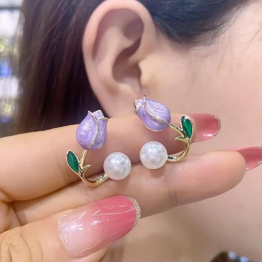 Sweet Cute Enamel Pearl Tulip Flower Stud Earrings for Women Korean Temperament Back Hanging Earring Fashion Jewelry