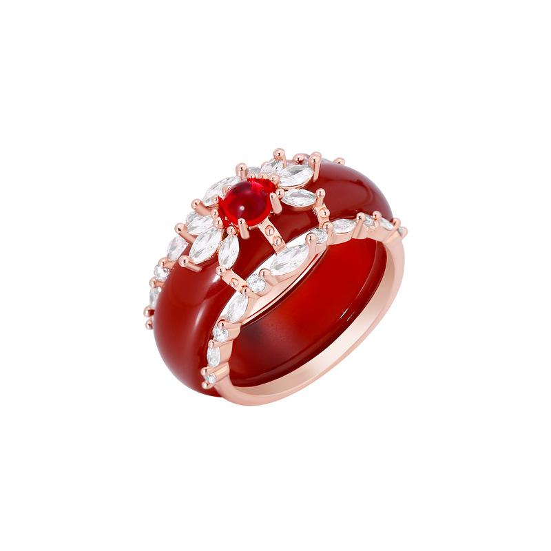 Natural Chalcedony Ring Luxury New In Showy Red  Rings For Women Small High Quality Snowflake Bride Wedding Jewelry