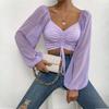 Summer V-neck Chiffon Drawstring Lantern Sleeve Tight Fashion Sexy Shirt Short Top
