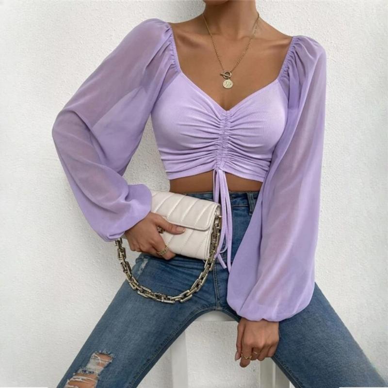 Summer V-neck Chiffon Drawstring Lantern Sleeve Tight Fashion Sexy Shirt Short Top