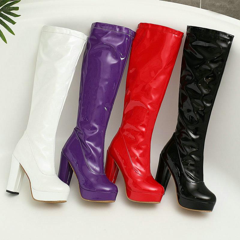 Piele PU Lac Portocaliu Galben Verde Pantofi Sexy Marimea Plus 47 48 Platformă Vestică Tocuri înalte cu tocuri înalte Cizme elastice până la genunchi.