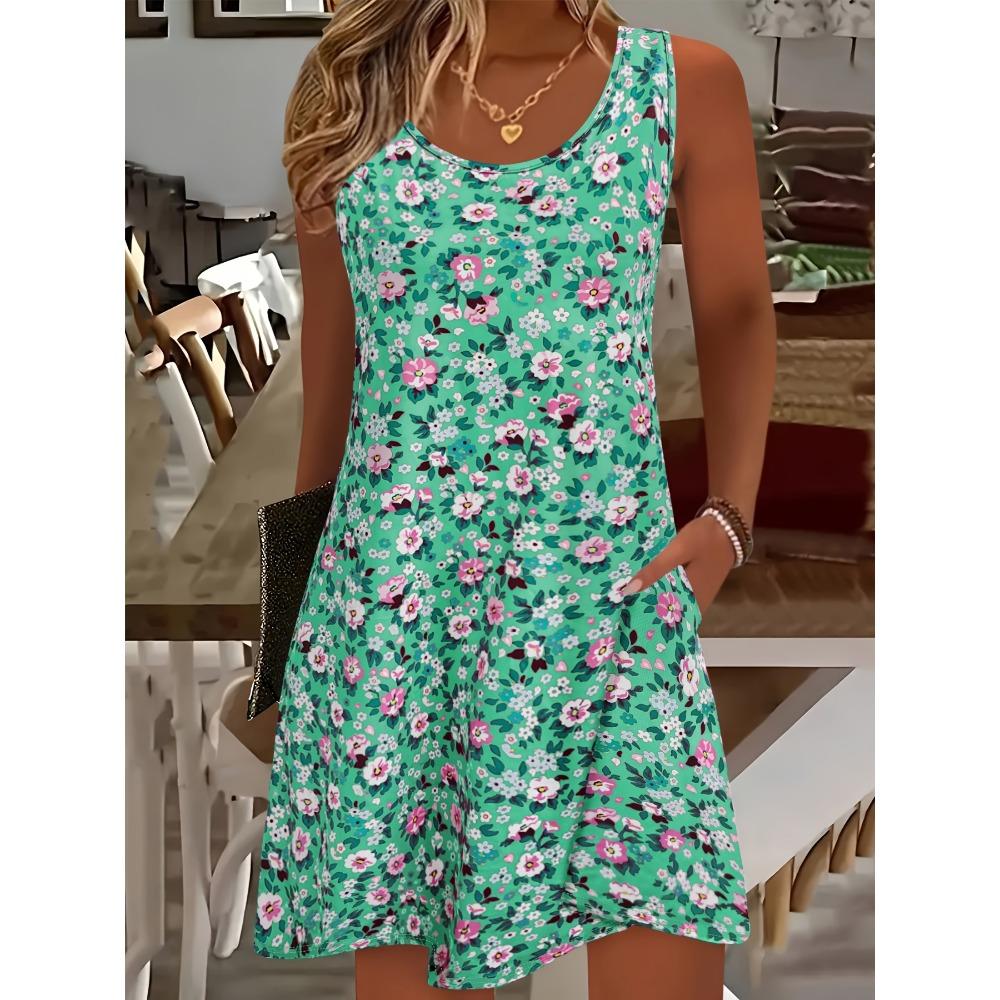 Fashion Women Sleeveless U Neck Midi Dress Solid Color Knee Length A Line Casual Summer Dresses