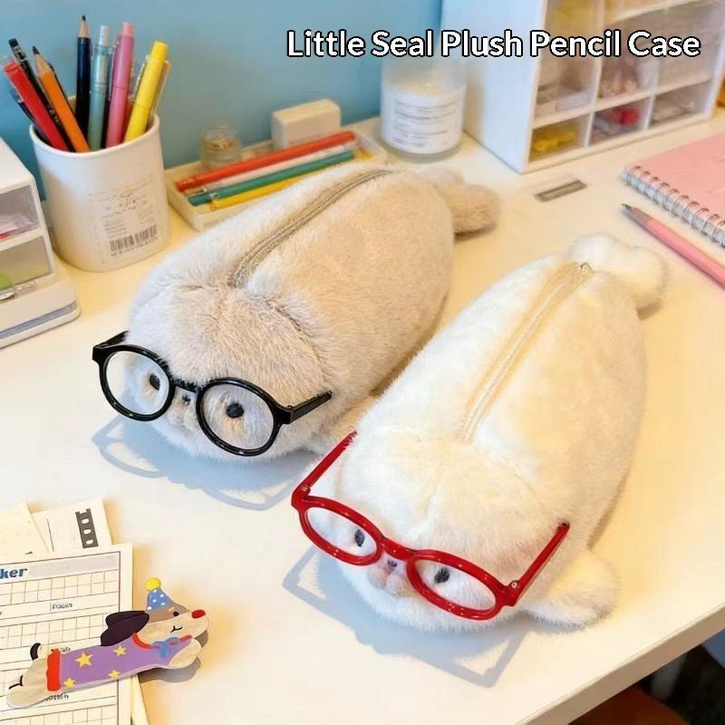 Kawaii Seal Plush Pencil Bag With Glasses Frames Large Capacity School Supplies Storage For Girls Stationery