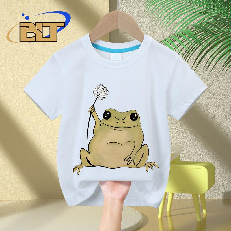 Dandelion Frog Printed Kids Tshirt Summer Childrens Pure Cotton Shortsleeved Casual Tops Boys and Girls Gifts