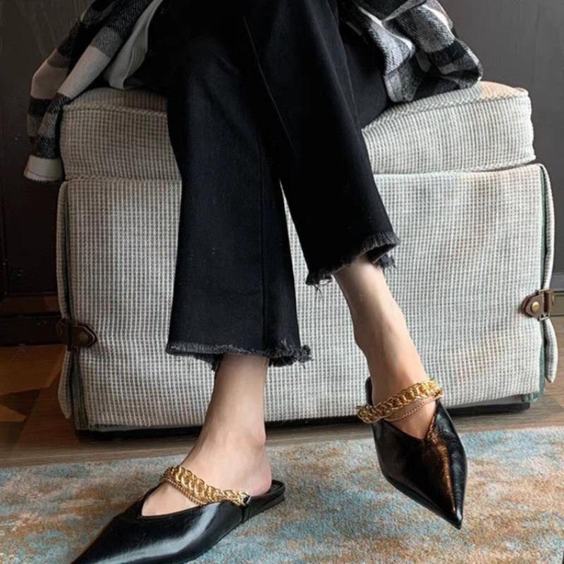 Fashion Pointed Toe Half Slippers Women's Outside Wear New Summer Baotou Shallow Mouth Metal Chain Soft Slip Flat Shoes