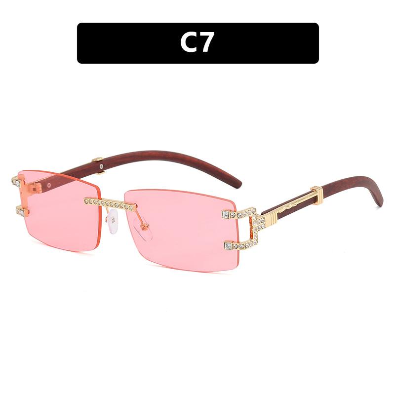 Unisex Rectangle Rimless Women Wood Leg Luxury Brand Designer Trendy Retro Frameless Sun Glasses UV400