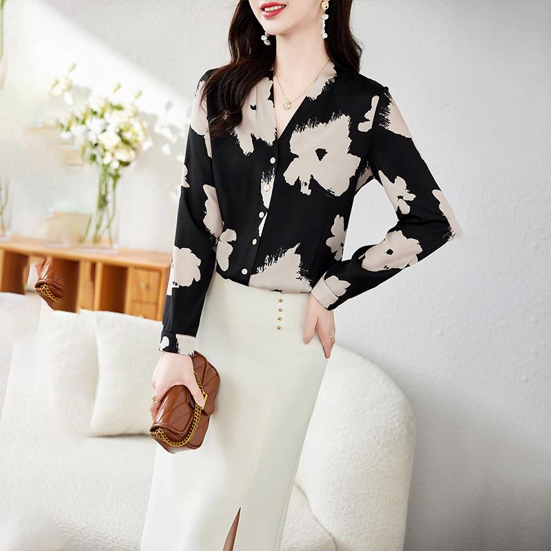 

Модный дизайн шелковая двойная крепдешиновая рубашка с принтом женская весенняя новая с V-образным вырезом темпераментная с длинным рукавом из шелка тутового дерева рубашка топ 2XL