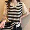Real Women's Clothing Top Summer New Chiffon Sleeves Splicing Short Sleeves Crew Neck, Knitted Sweater Thin Ice Silk T-shirt