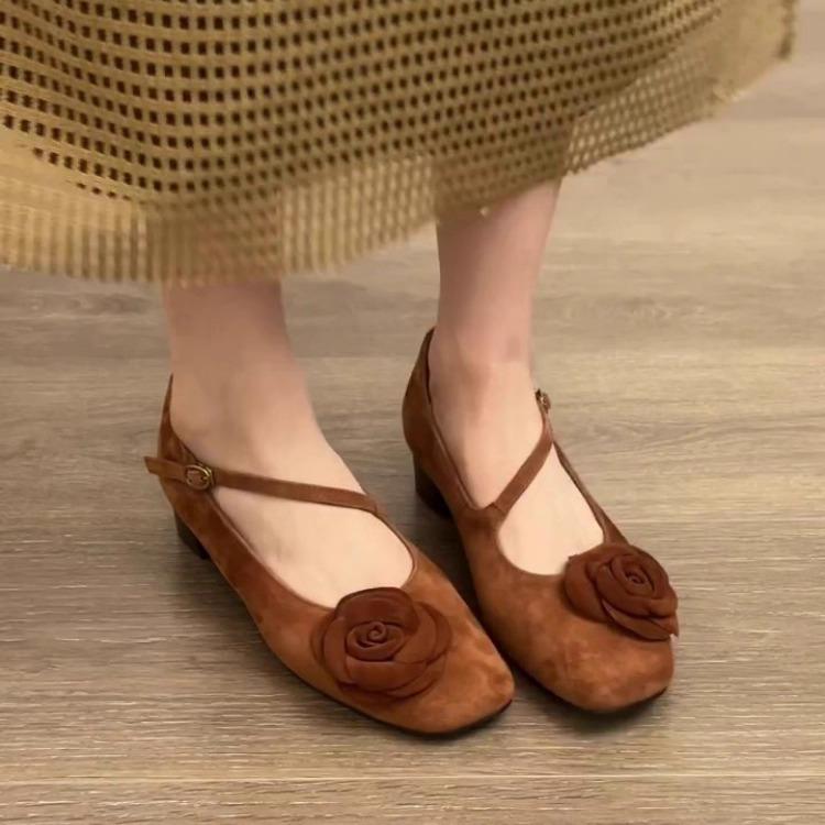 Sheepskin Version~ Retro Square Head Shallow Mouth with Mary Jane Shoes Women's Niche Fashion Flower Commuting Thick Heel Single Shoes