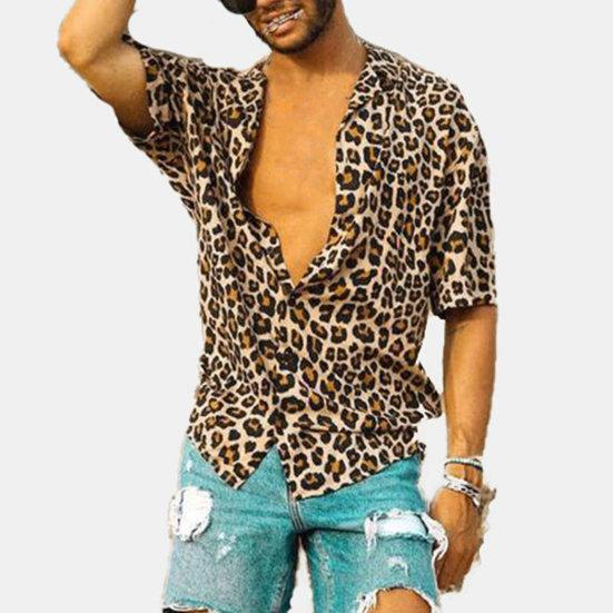 Men Summer Lapel Short Sleeve Shirt Top Leopard Print Single-Breasted Thin Hawaiian Beach Casual Shirt Streetwear