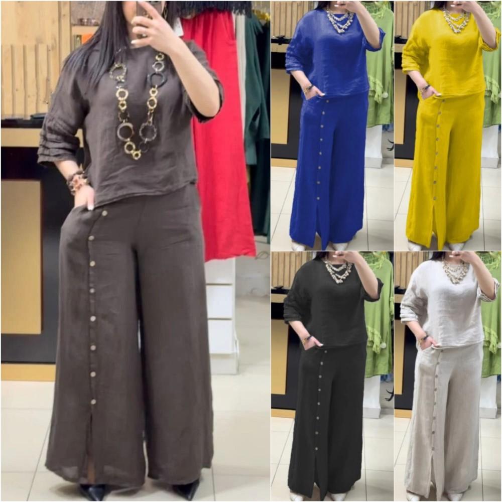 Fashion Button Slit Wide Leg Pants Woman Suit Summer Casual Retro Cotton Linen Short Sleeve O Neck Loose Pants 2 Pieces Women's