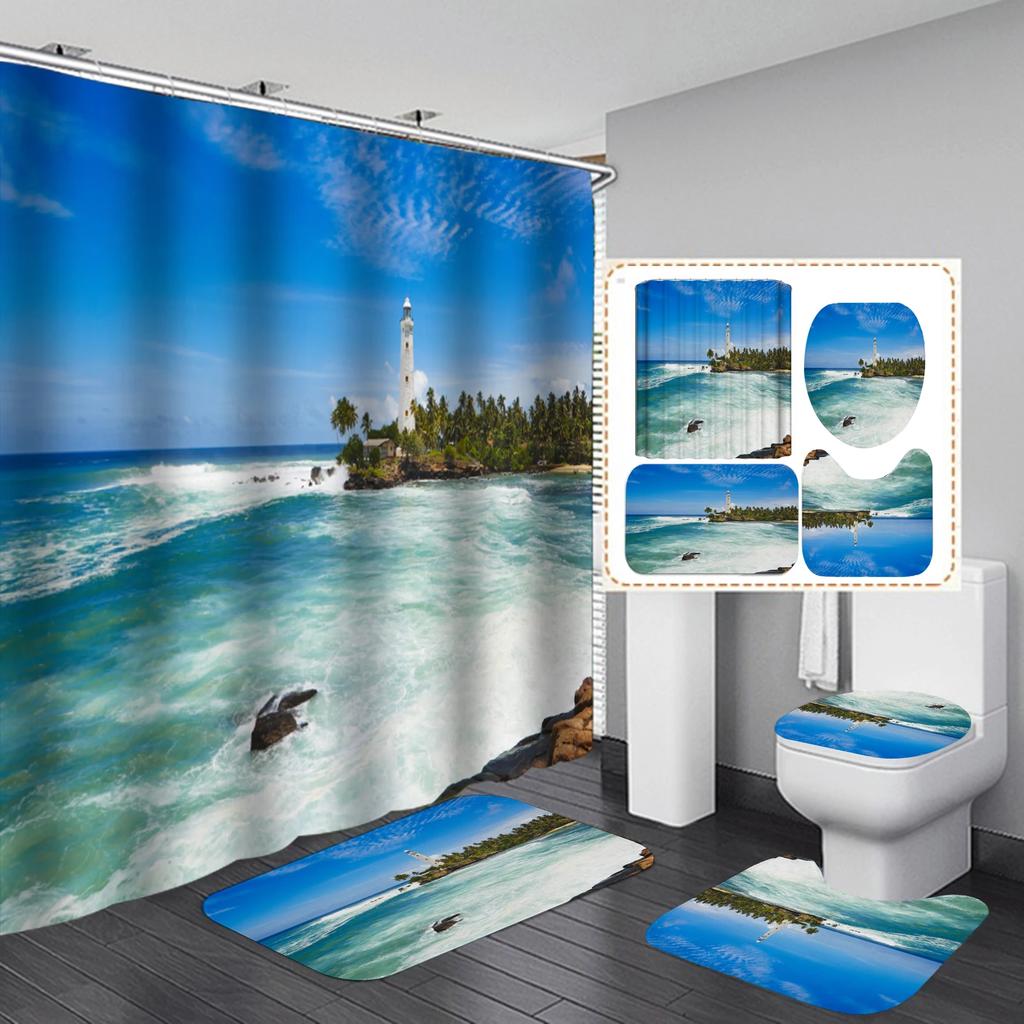 Beach Ocean Sea Theme Shower Curtain Bath Mat Set Sunrise At Tropical Beach Scene Decor Waterproof Non-Slip Bathroom Set Rug Set