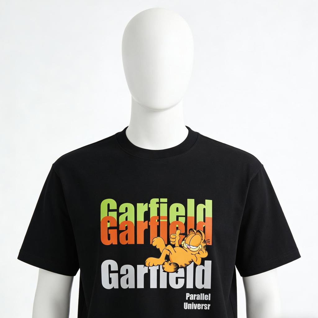 Garfield "Parallel Universe" Layered Color Letter Print Short Sleeve T-Shirt, American Streetwear Heavyweight Cotton Loose Fit Oversized Couple Top