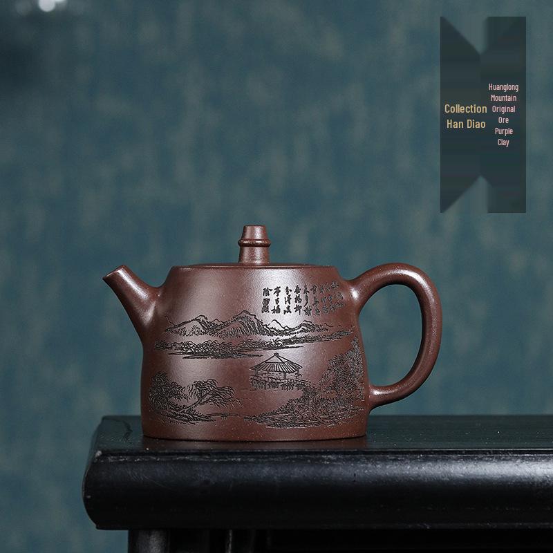 Handmade Yixing Zisha Purple Clay Teapot, Engraved and Painted Han Duo Pot for Gongfu Tea Brewing