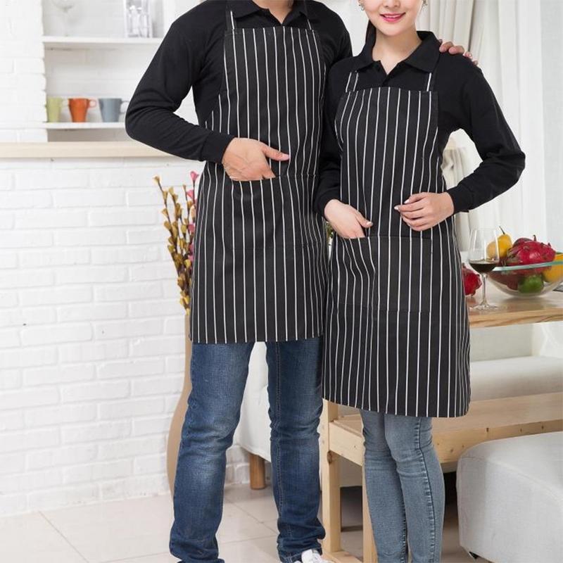 Fläckskyddande köksförkläde med fickor för kock matlagning bakning städning restaurang butik servitör snygg randigt arbetsförkläde