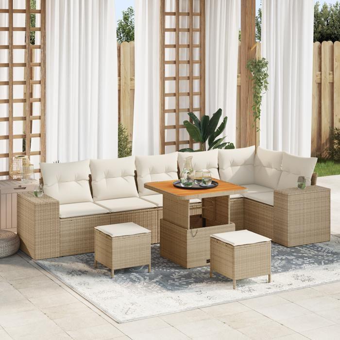 Ensemble de Canapés de Jardin vidaXL de 9 pièces avec Coussins Beige Poly Rattan Acacia, Ensemble de Salle à Manger de 3362021