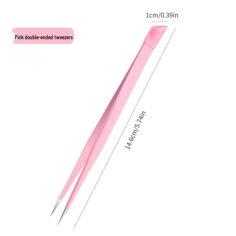 Double-Ended Nail Art Tweezers with Rhinestone Pressing Stick and Silicone Anti-Static Tip