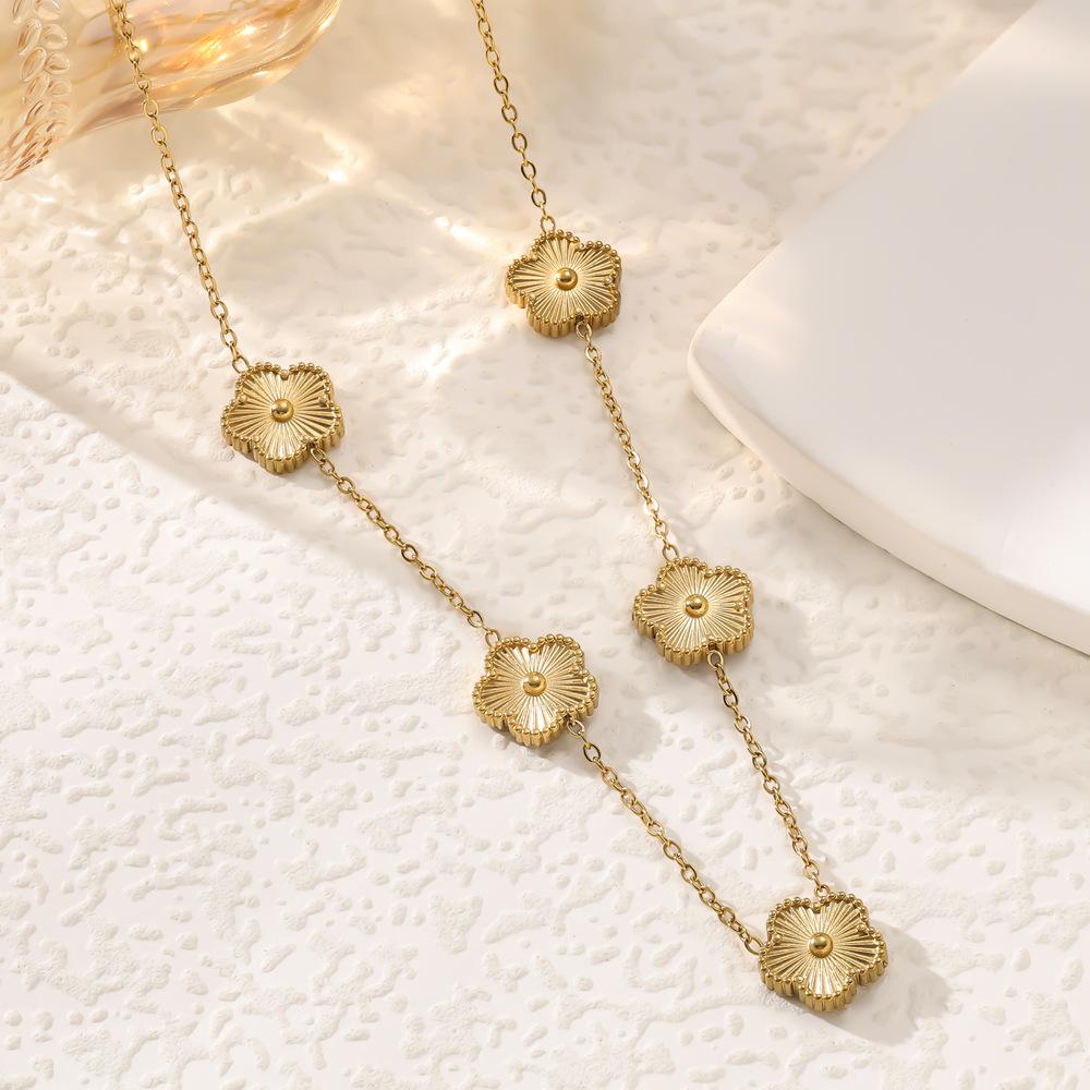 Versatile Trendy Set: Five-Petal Flower & Four-Leaf Clover Jewelry in Laser-Cut Titanium Steel