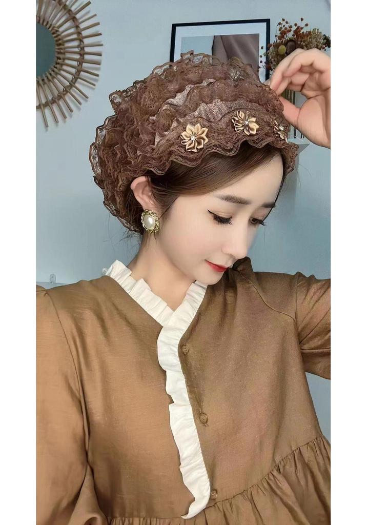 2025 Four Seasons Lace Hat: Windproof White Head Cover with Small Flowers