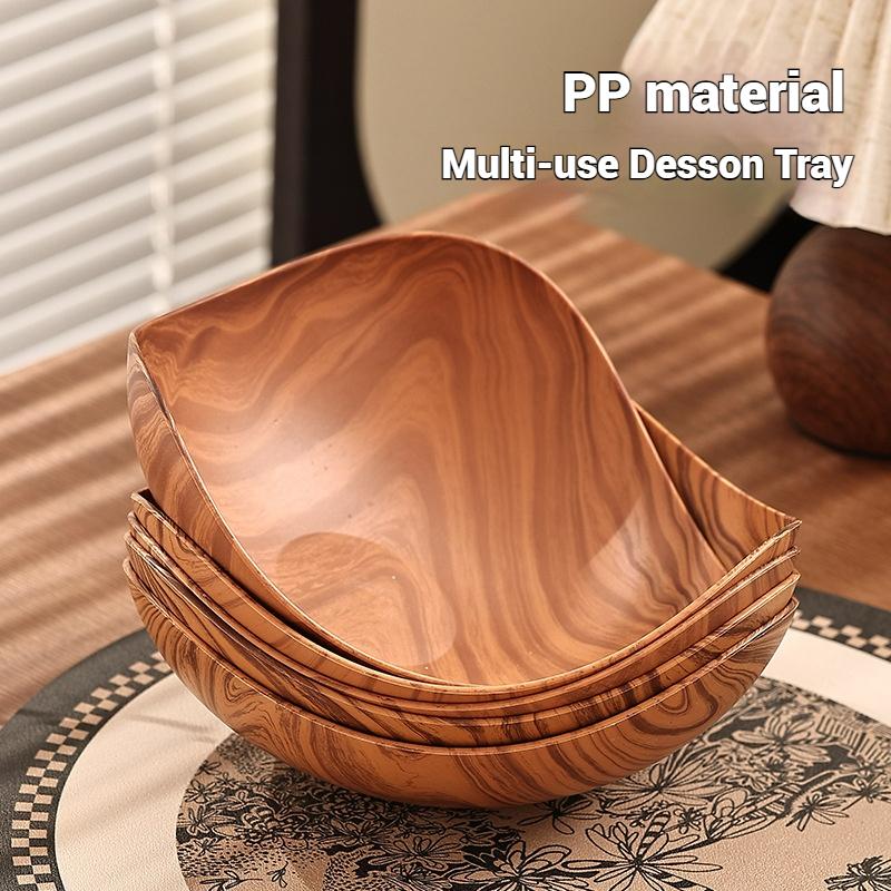 1/2Pcs Imitation Wood Grain Fruit Plate Plastic Dessert Tray Snack Fruit Plate Reusable Household Food Plate Kitchen Supplies