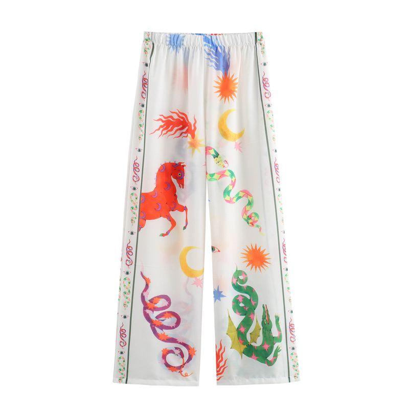 Spring New Women's Clothing Fashion Trendy Bohemia Lapel Long Sleeves Print Shirt High Waist Straight-Leg Pants