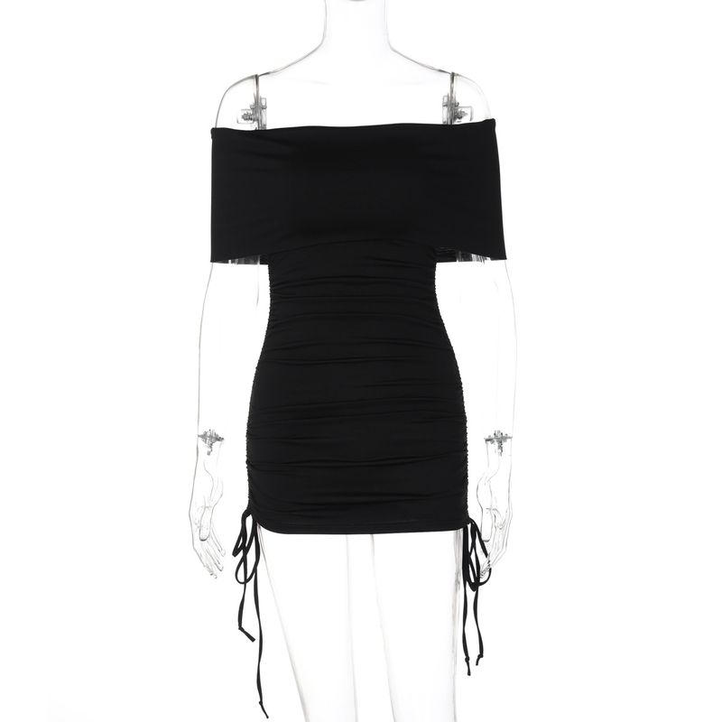 

2024 Yujie Style Ins Fashion Drawstring Pleat off-Shoulder Hip Skirt Imperial Sister Wind Black L