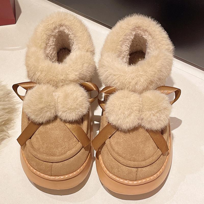 fashion Winter Women's Snow Boots Cute Hairball Cotton Shoes Waterproof Platform Ankle Boots Outdoor Comfort Thick Soled Plush Booties