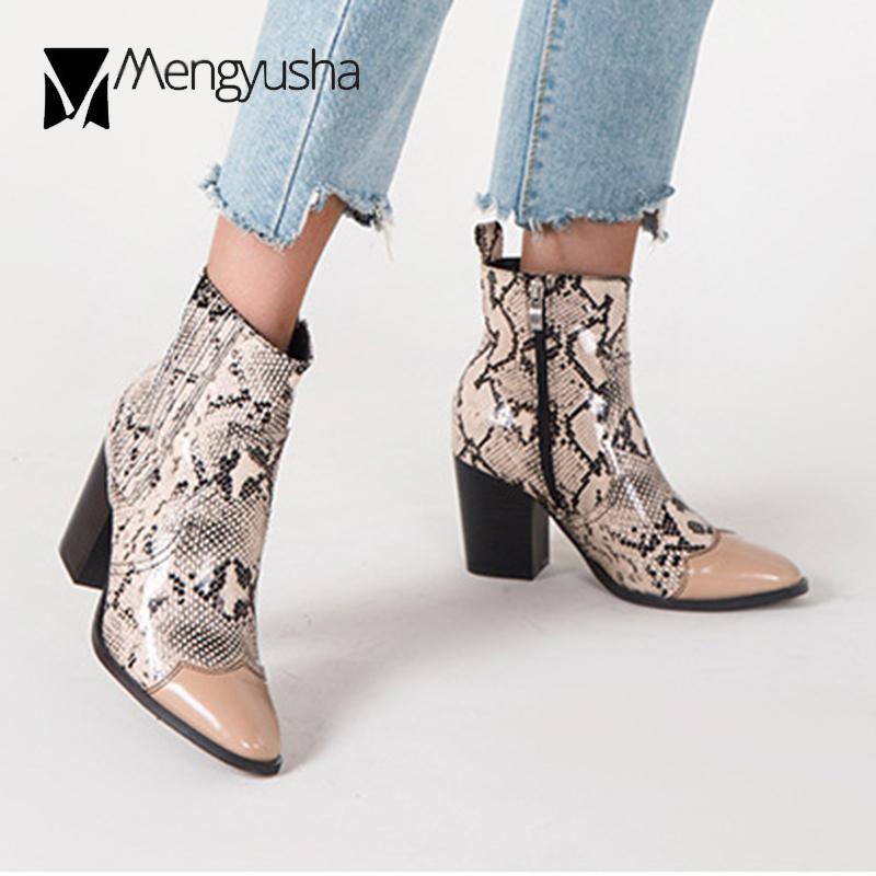 Fashion Sexy Serpentine Boots Woman Mixed Color Snake Prints Shoes Chunky High Heels Riding Botas Female Plus Size 36-43 Ankle Booties