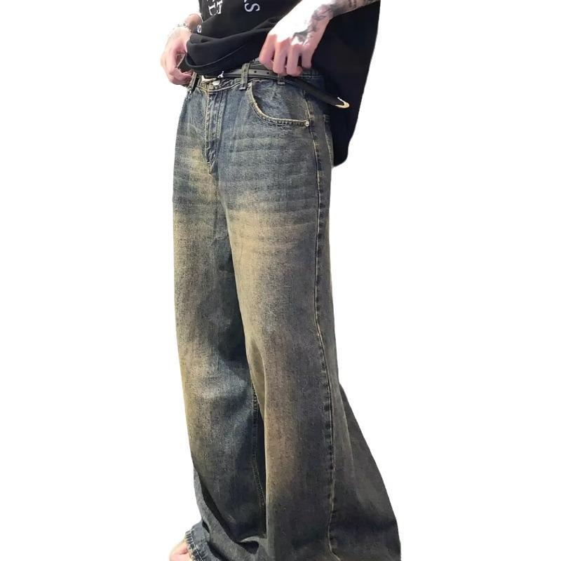 Men's Slim Retro Yellow Mud-Dyed Straight Jeans for Autumn
