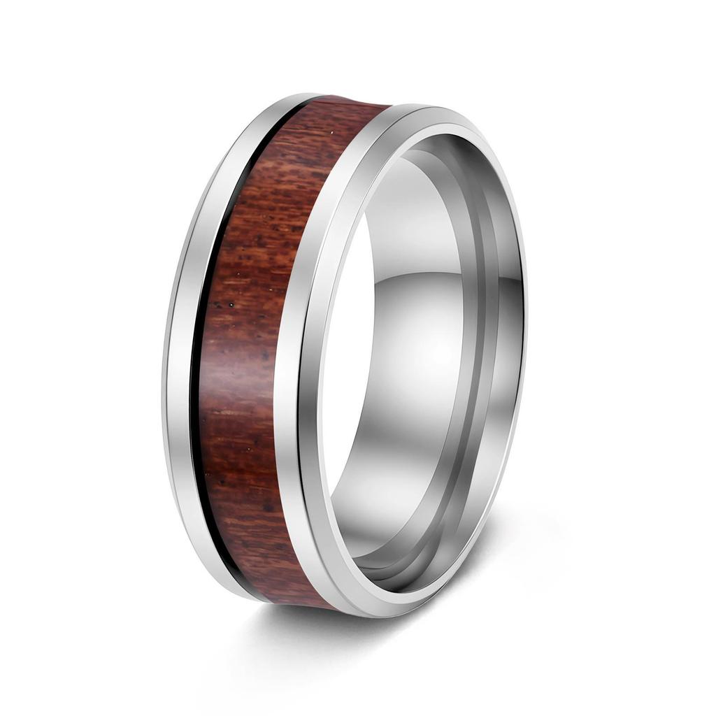 8mm Acacia Wood Inlaid Titanium Steel Men's Ring - Durable, Fade-Resistant Wood Grain Design