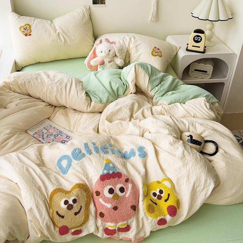 Class A Ins Pure Washed Cotton Bedding Four-Piece Set Quilt Cover Quilt Cover Bed Sheet Person Student Dormitory Three-Piece Set