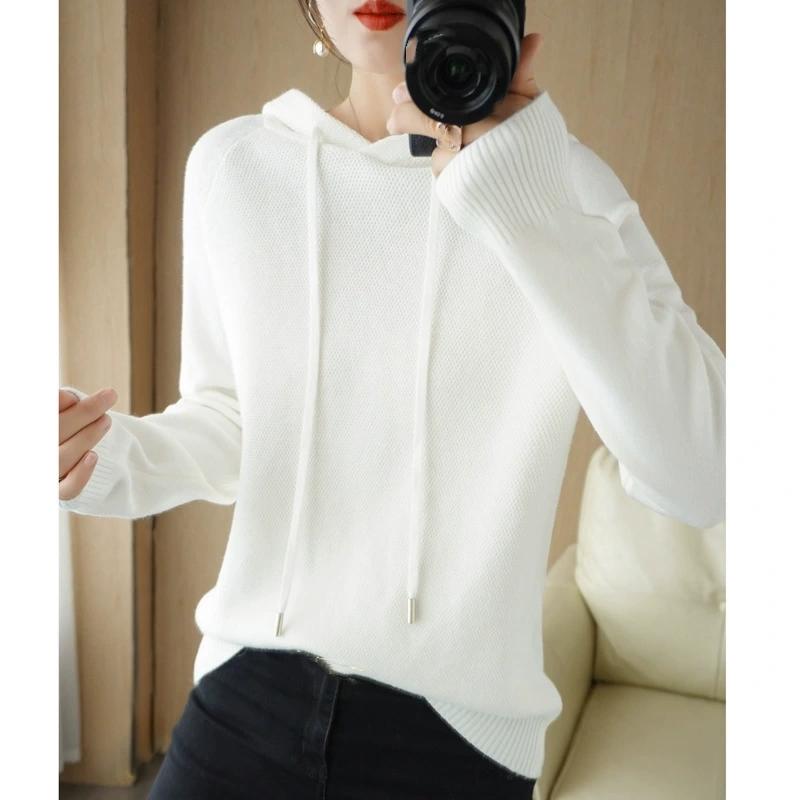 Suéter com Capuz Feminino Primavera e Outono Moletom Camiseta Básica com Suéter Tricotado Casual Tamanho Grande Suéter com Capuz Feminino