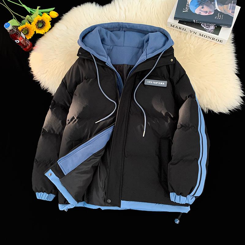 

Men s cotton-padded winter clothing fake two-piece thickened hooded trendy couple jacket new cotton-padded clothing youth warm and windproof S чорний