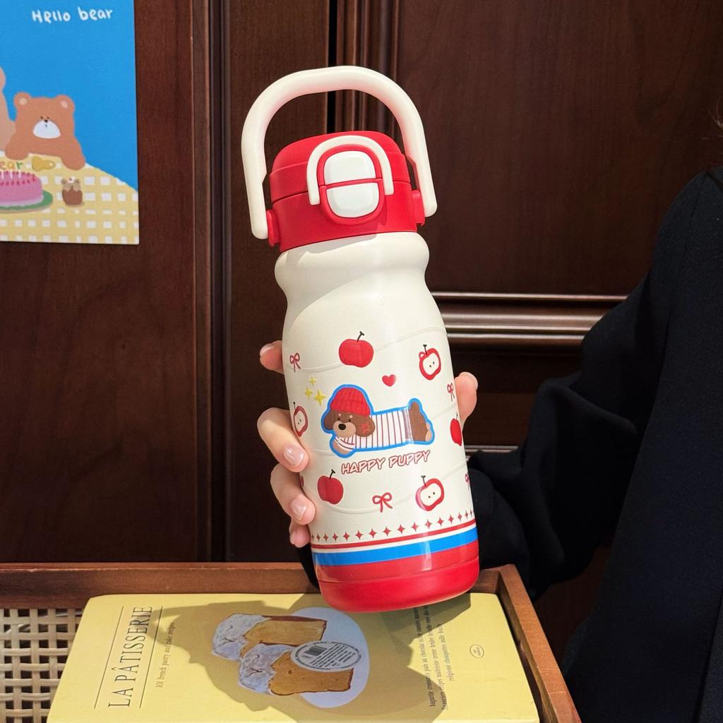 High-value Cartoon Children's Double Drink Bouncing Thermos Cup 316 Stainless Steel Straw Water Cup Handle Pot