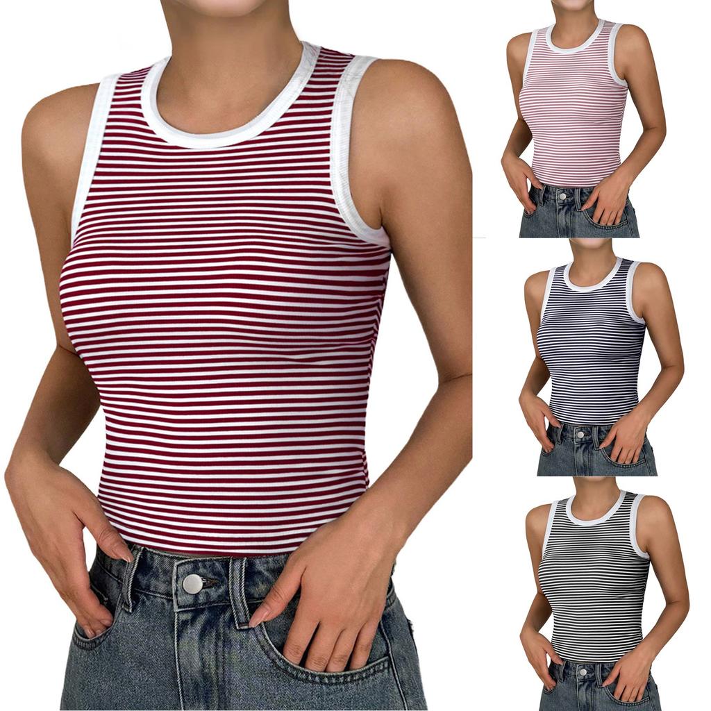 Women's Loose Casual Knitted Striped Contrasting Top, Vest, And Base Shirt